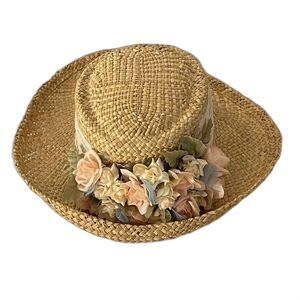 Vintage Cappelli Straw Hat Floral Lace Band Wide Brim Garden Tea Hat